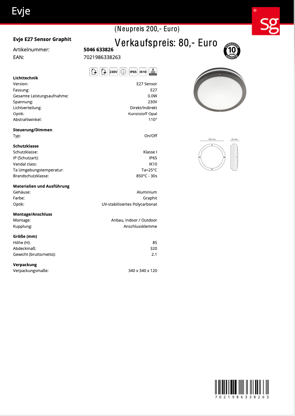 Evje E27 SEnsor Graphit, Aussenleuchte IP 65