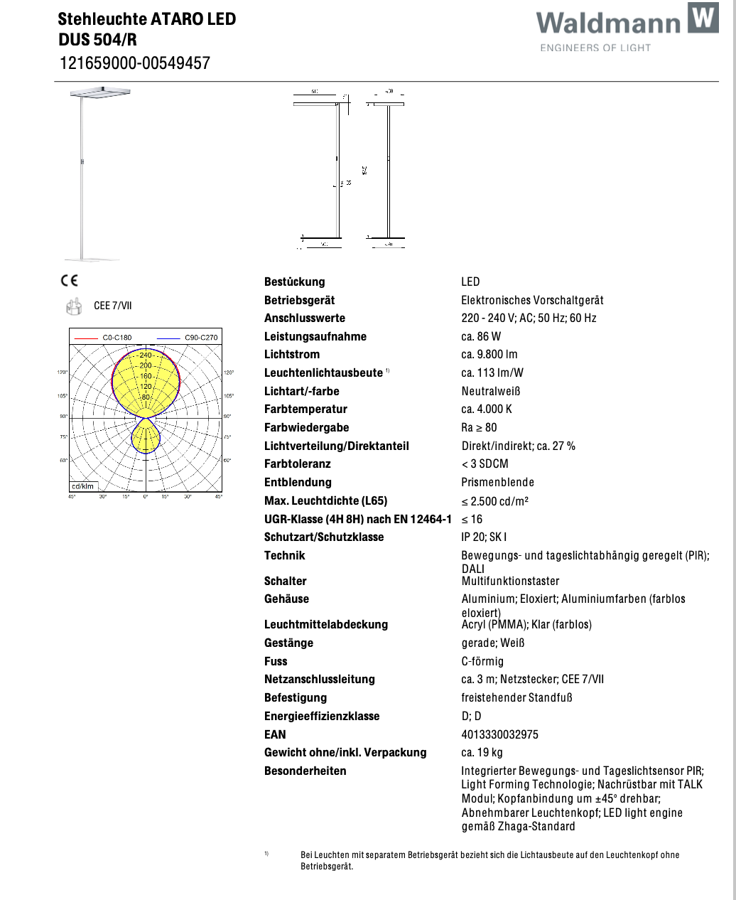 Tageslichtlampe Waldmann Stehleuchte Ataro LED
