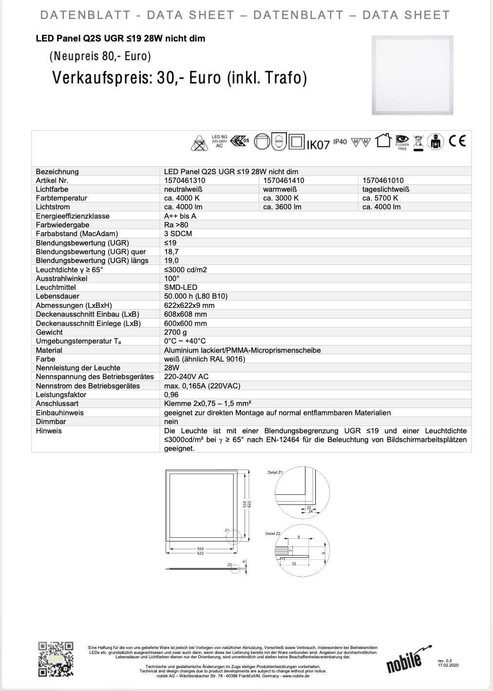 Nobile LED Panel Q2S 28 W