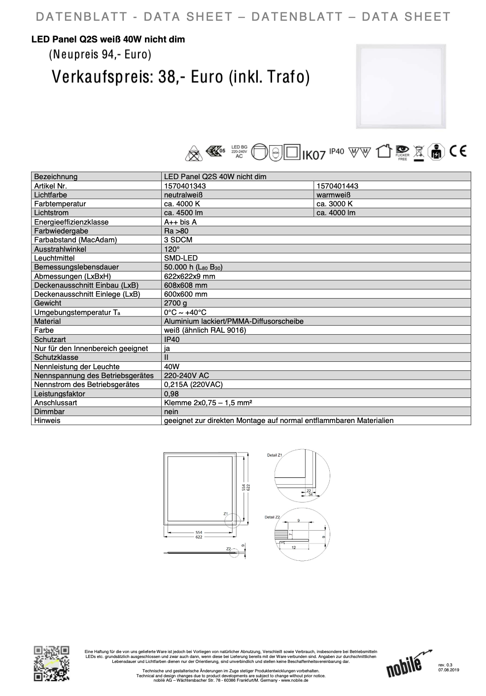 Nobile LED Panel Q2S 40W