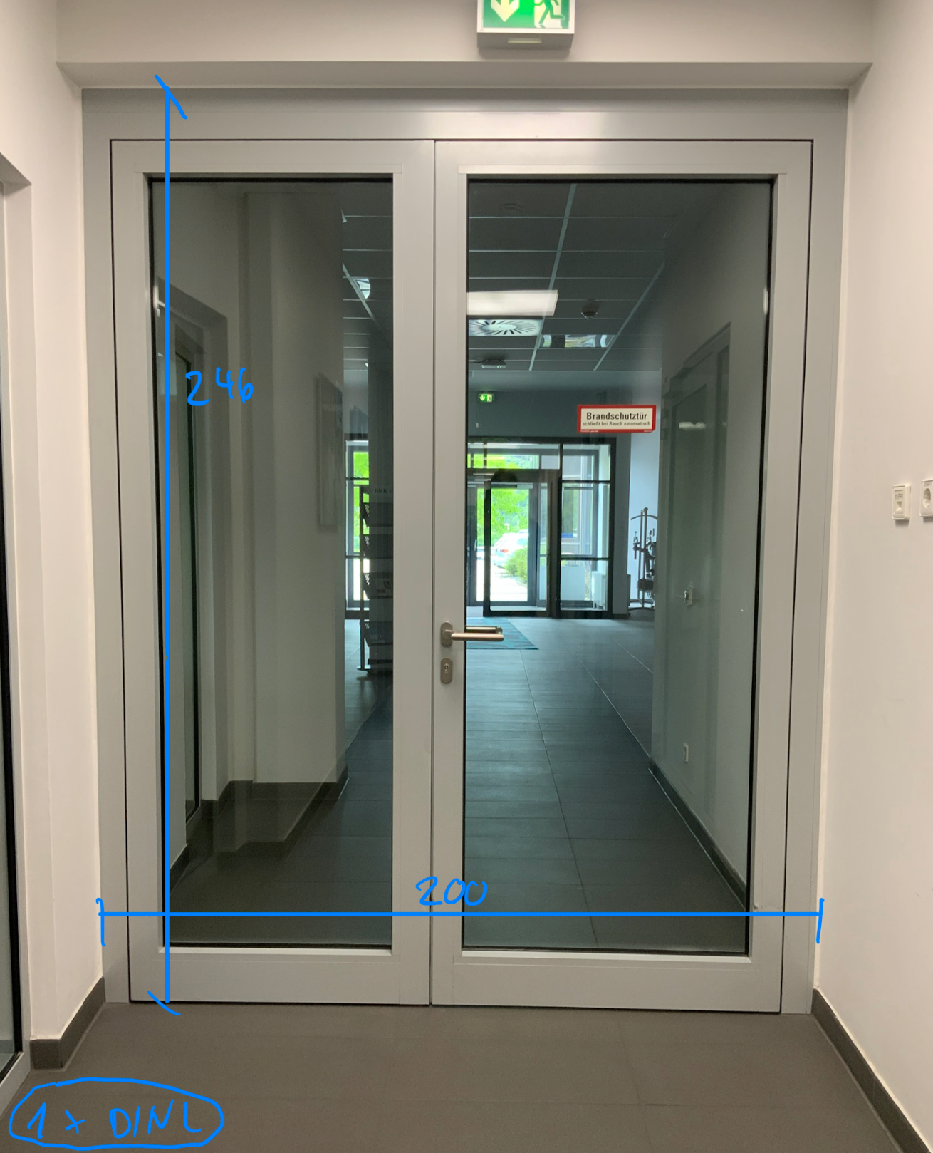 Brandschutztür mit Glaseinsatz 2-flüglig - T30 RS - innen DIN L - Aluminium/Glas 200x246x8