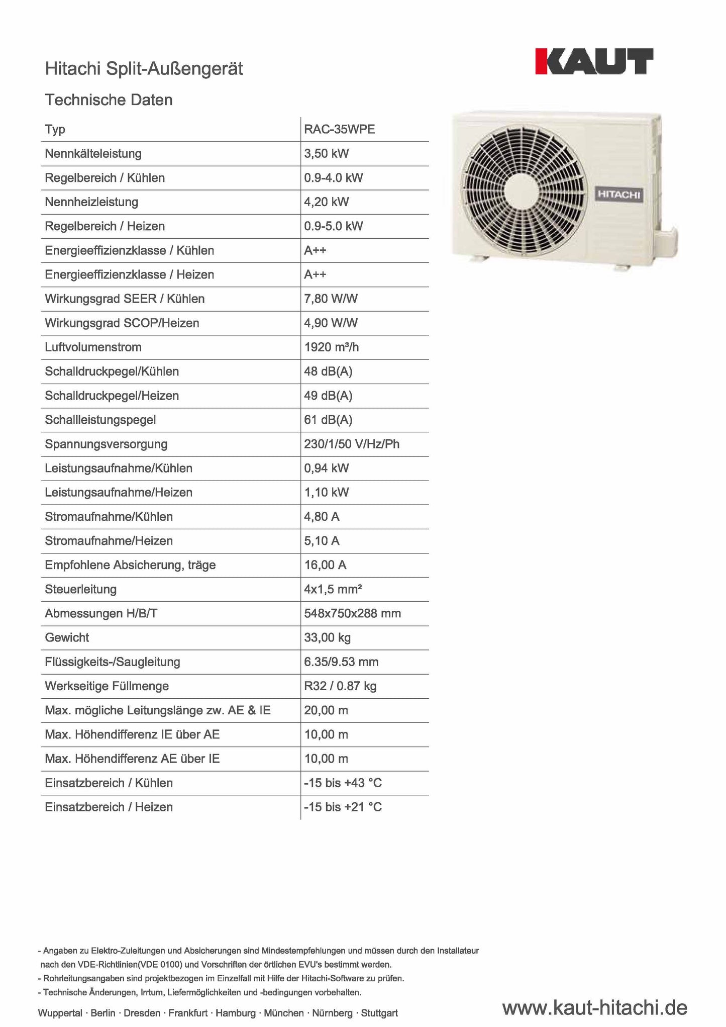 Hitachi Split-Außengerät, 3,5 kW Nennkälteleistung
