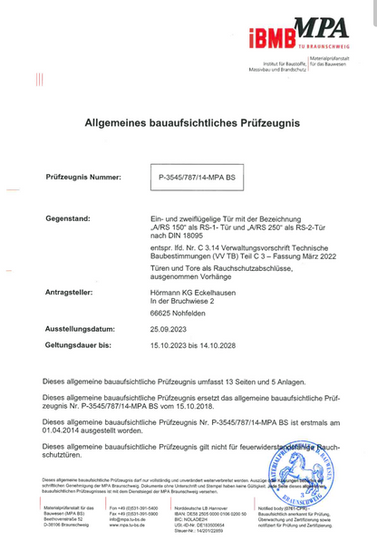 Doppelflügelige Rauchschutztür Glas Hörmann RS-2 B2300 H2125 (Klinke Din R)