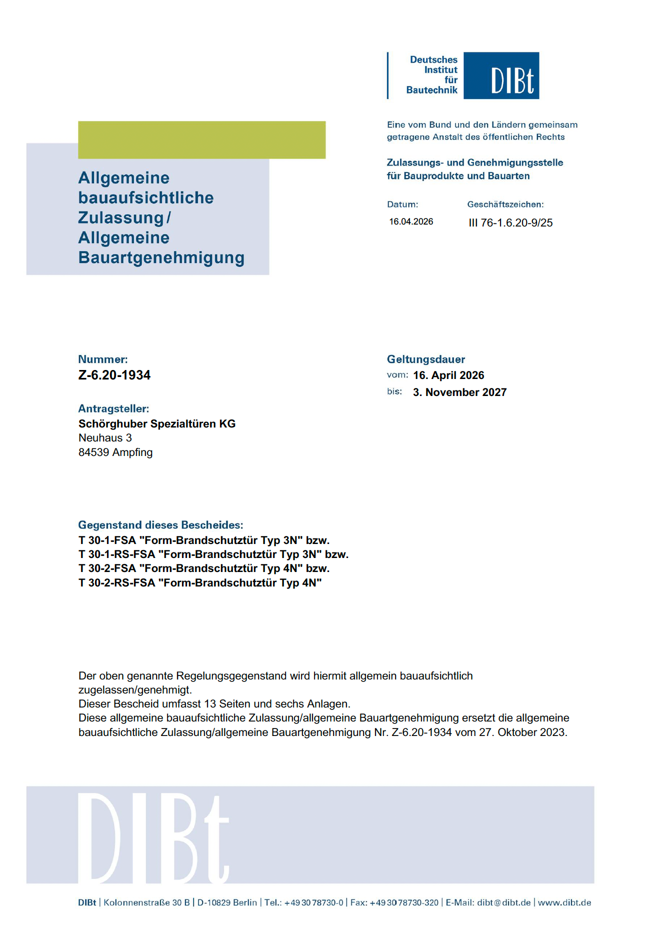 SCHÖRGHUBER T-30 Brandschutztür 1-flüglig - DIN L 101x213.5x10.5 cm