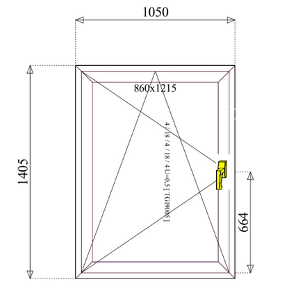 Fenster – 1.050 mm Breite x 1.405 mm Höhe, ESG 4, U-Wert = 0,5 W/m²K (neu)