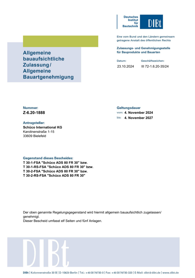 Brandschutztür Glas, T30-1 RS-FSA, Schüco ADS 80 FR 30, B1050 / H2220 (DIN L/R)